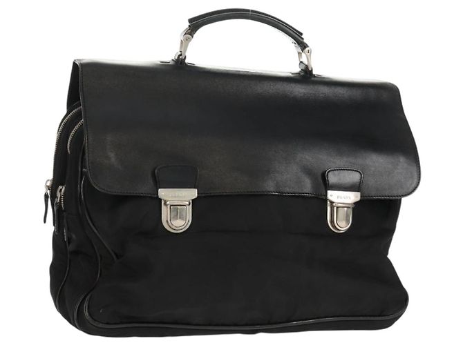PRADA Hand Bag Nylon Leather Black Silver Auth bs32080 Silvery