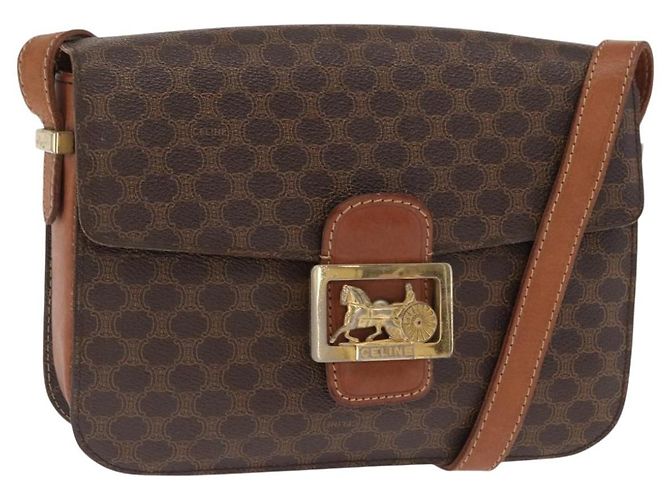 Céline Bolsa de lona Macadam Celine com estampa de carruagem em couro PVC marrom e dourado Auth 159345