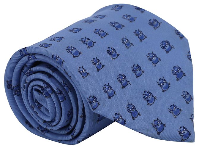 Corbata de seda azul con estampado de búho Hermès
