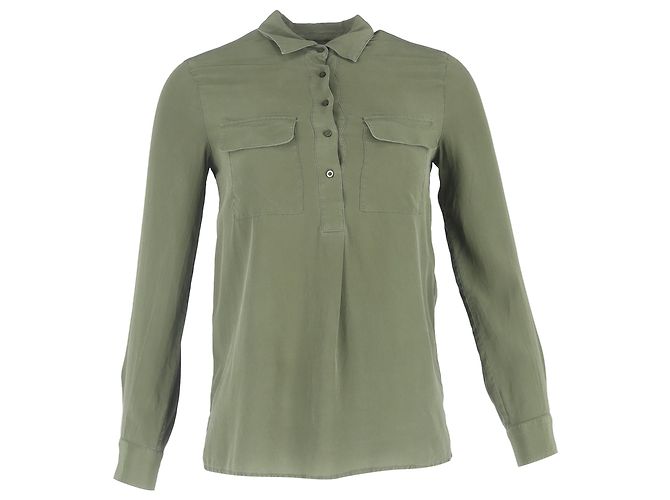 Maje Blusa meia abotoada com bolsos no peito em seda oliva Verde Verde oliva