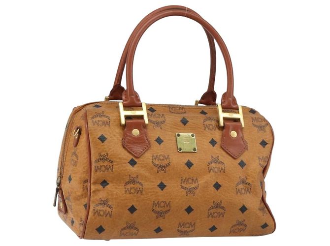 MCM Vicetos Logogram Bolsa de Mão PVC Couro Marrom Dourado Auth gh1458