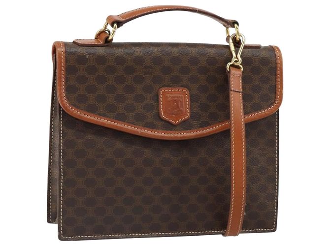 Céline Bolsa de mão em lona Macadam CELINE em couro PVC 2 em 1 marrom dourado Auth BA9343