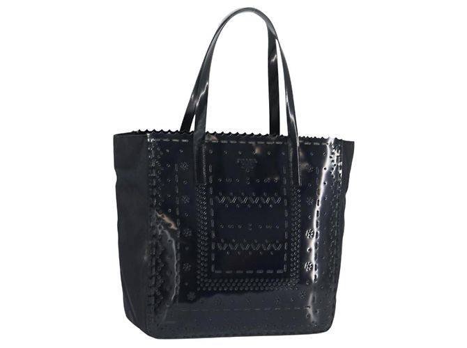 PRADA Borsa a Mano Smalto Nero Argento Auth 160525