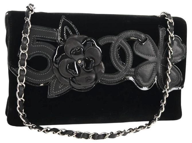 Borsa a Spalla CHANEL Catena COCO Marchio Camelia Velluto Nero Argento CC Auth 149585V