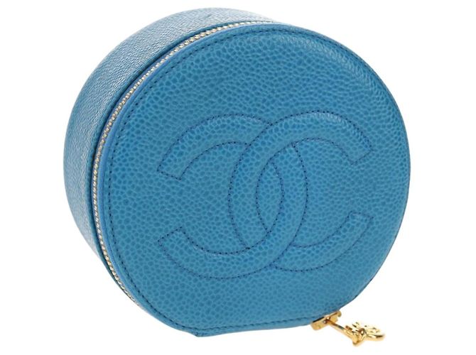 Scatola per gioielli CHANEL COCO Marca Custodia Gioielli Pelle Caviar Blu Oro CC Auth 152911V D'oro