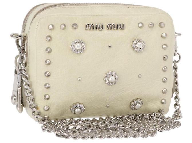 Bolsa de ombro em couro Miu Miu com corrente creme prata Auth yk19775 Cru