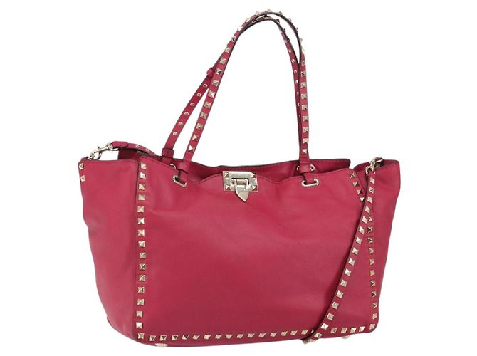 VALENTINO Bolsa Tote de Couro com Estrelas Rock 2 em 1 Rosa Dourado Auth BA9403