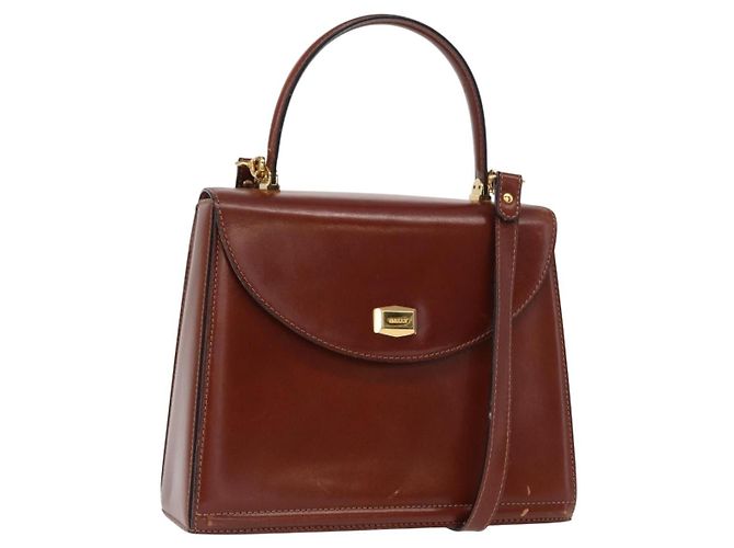 BALLY Bolsa de Mão de Couro 2 em 1 Marrom Dourado Auth 159141