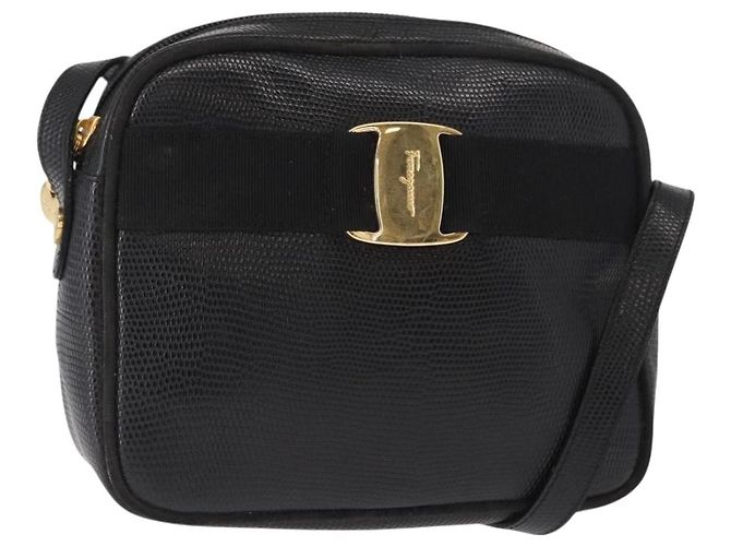 Borsa a Spalla Vala in Pelle Nera e Oro Salvatore Ferragamo Auth gh1483