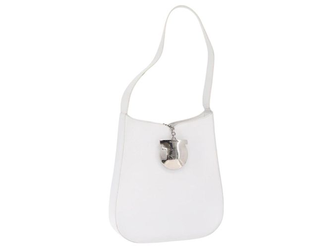 Borsa a Spalla Gancini in Pelle Bianca e Argento di Salvatore Ferragamo Auth BA9272 Bianco