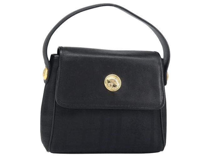 Autre Marque Bolsa de mão em couro e lona Nova Check da Burberrys Preto Ouro Auth gh1496