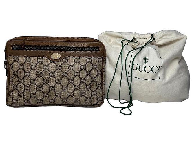 Vintage Gucci Monogramm Leder Clutch Grau Braun