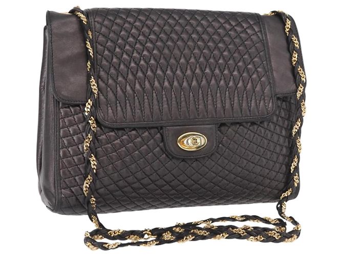 BALLY Bolsa de Ombro com Corrente Couro Preto Dourado Auth 161547