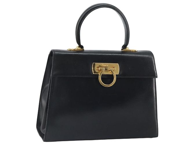 Borsa a mano Gancini in pelle nera e oro Salvatore Ferragamo Auth hk3303 Nero D'oro