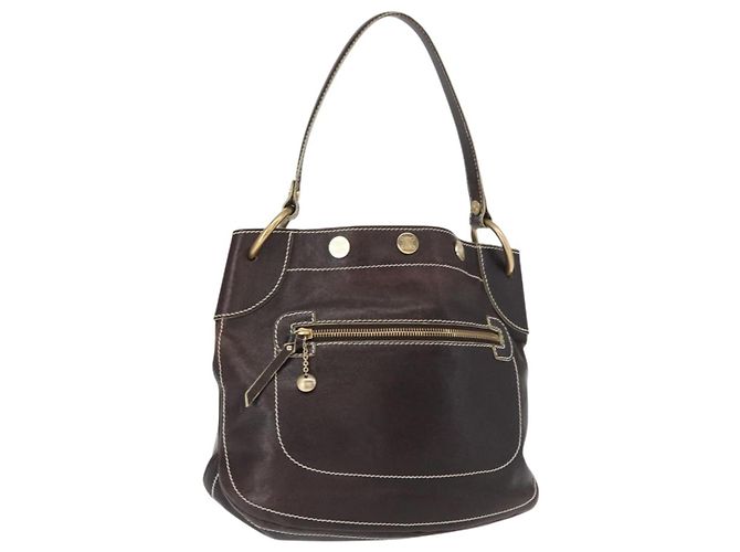 Céline Bolsa de Ombro CELINE em Couro Marrom Escuro Dourado Auth 161102 Castanho escuro