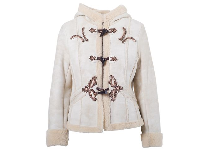 Abrigo corto de shearling para mujer de Prada con capucha Beige