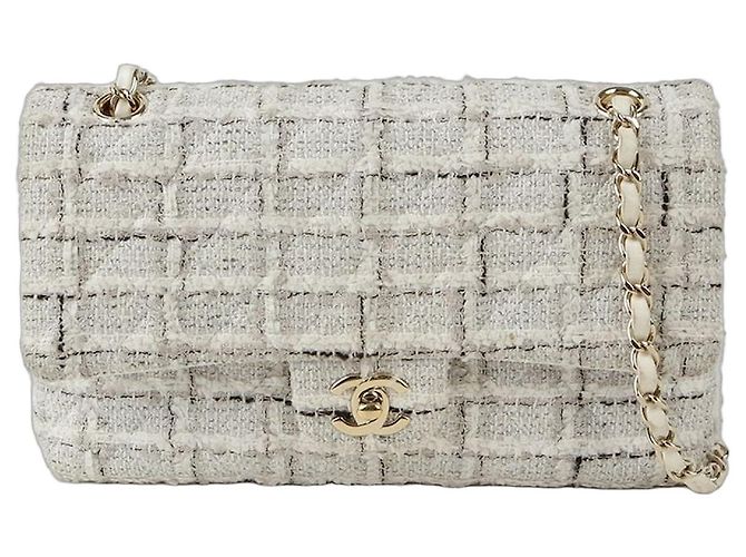 Chanel Tweed Classic Medium Shoulder Bag White