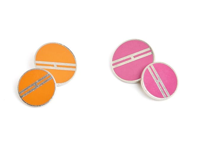 Abotoaduras Hermès Cloisonné Esmalte Rosa Laranja Prata