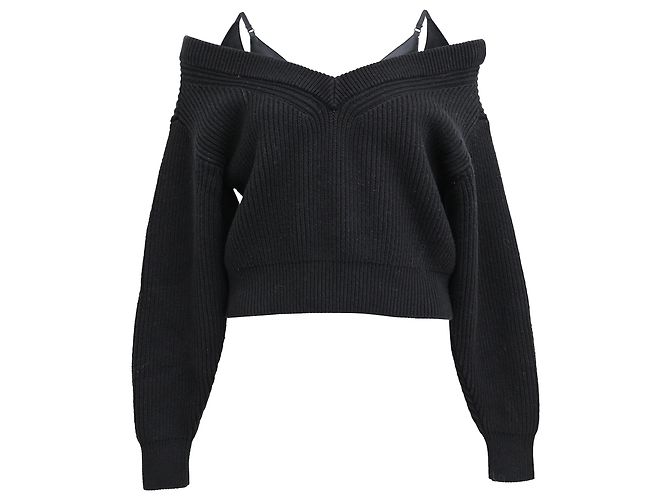 T By Alexander Wang Alexander Wang T. Off-Shoulder Schichtpullover aus schwarzer Baumwolle