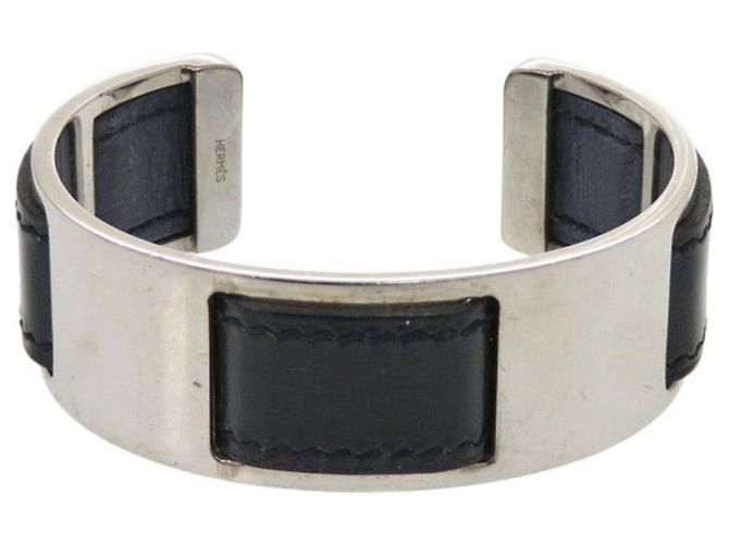Hermès Hermes Black and Silver Leather Metal Bangle Bracelet Silvery 