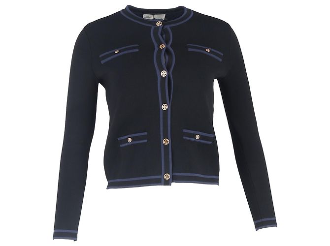 Tory Burch Kendra Knopf-Down Logo Cardigan aus schwarzer Wolle