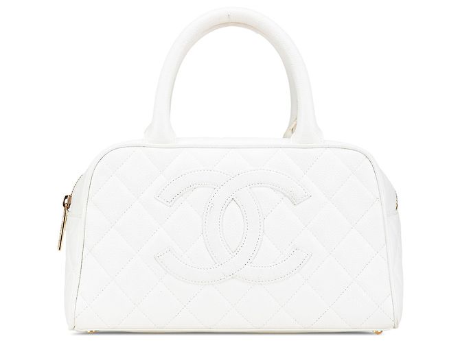 Chanel CC gesteppte Kaviar Bowlingtasche Weiß