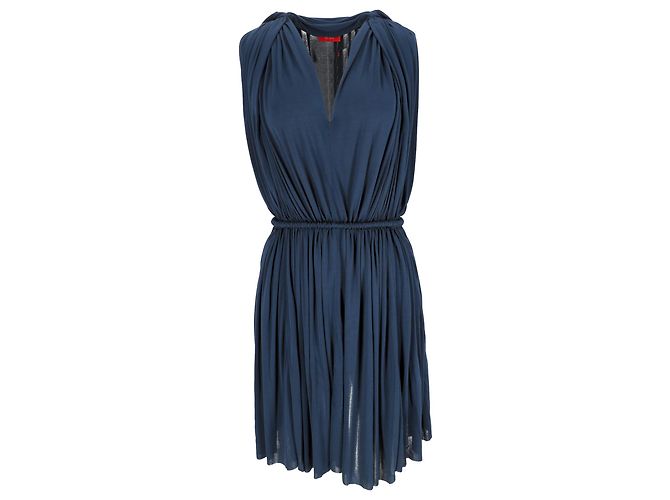 Lanvin V-Neck Gathered Mini Dress in Navy Blue Viscose