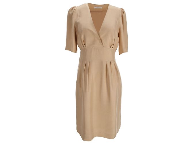 Abito midi a maniche corte in seta beige Chloé con scollatura a V