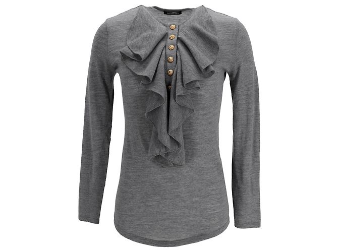 Maglione grigio in lana con dettagli a volant Balmain 