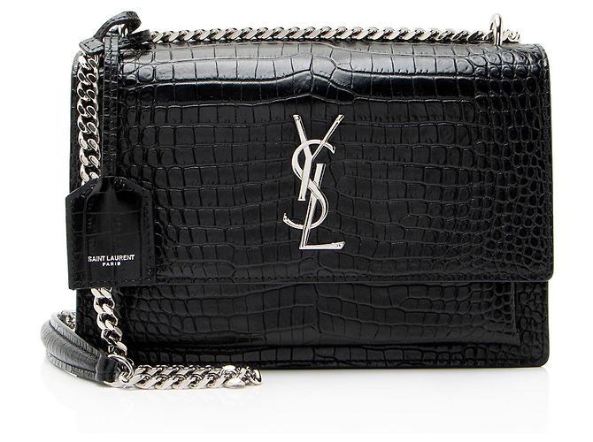Saint Laurent Croc Embossed Leather Monogram Sunset Medium Shoulder Bag Noir