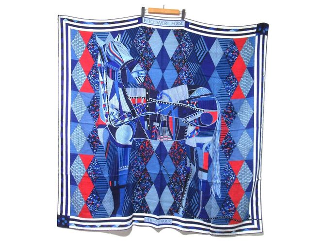 Silk In Sciarpa in cashmere e seta Hermès Carré Jean 140 Patchwork Cavallo Blu