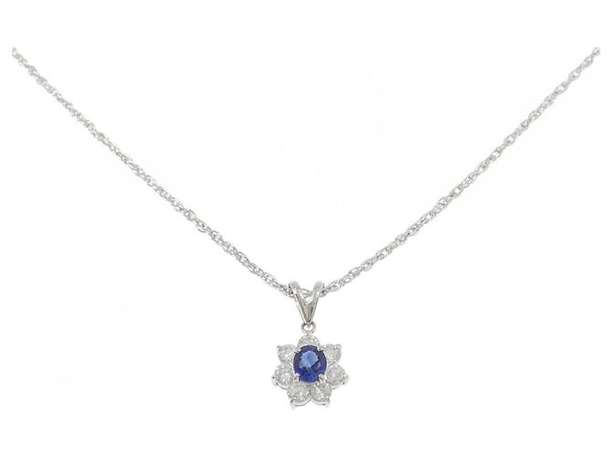 Autre Marque Platinblumen-Saphir-Diamant-Halskette Silber