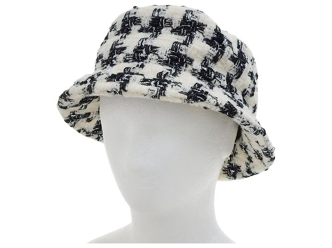 Timeless Sombrero de lana de tweed de pata de gallo COCO de Chanel Negro Blanco