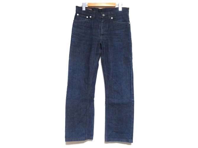 Hermès Serié Button Leather Patch Denim Pants 40 Blue
