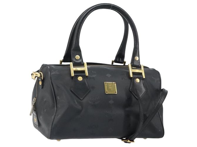 MCM Vicetos Logogram Handtasche PVC 2-Wege Schwarz Gold Auth 160735 Golden