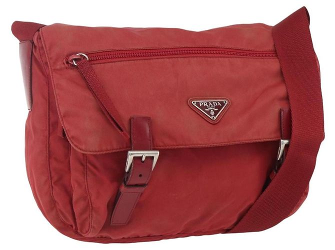 PRADA Schultertasche Nylon Rot Silber Authentisch 160963