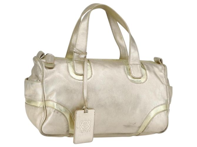 LOEWE Mini Boston Bag Couro Ouro Auth 160969 Dourado