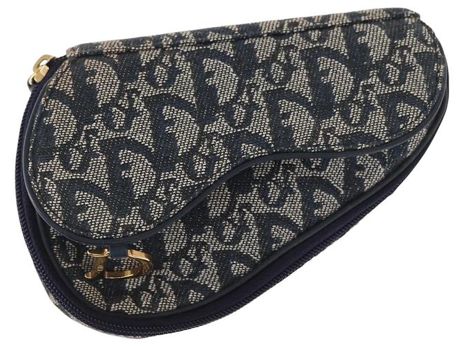 Christian Dior Trotter Canvas Satteltasche Navy Gold Auth 162748
