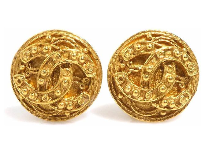 Chanel Coco Mark Metal Gold Clip Earrings Golden