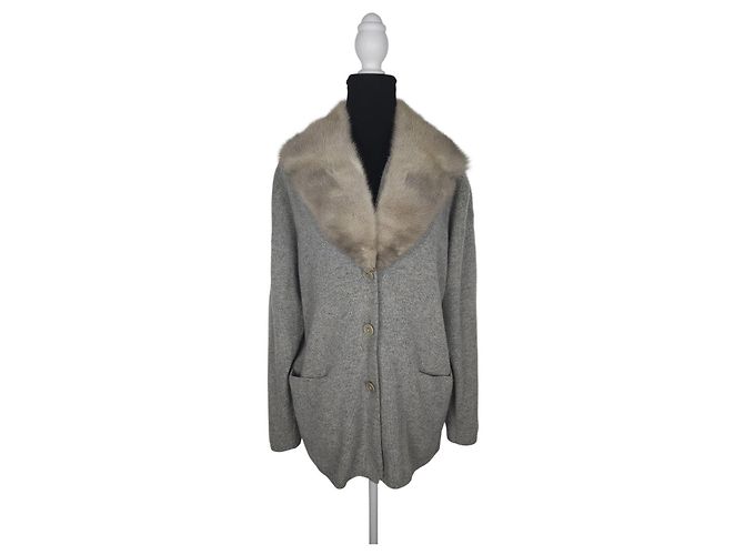Brunello Cucinelli Grau Cashmere-Weste mit Pelzkragen