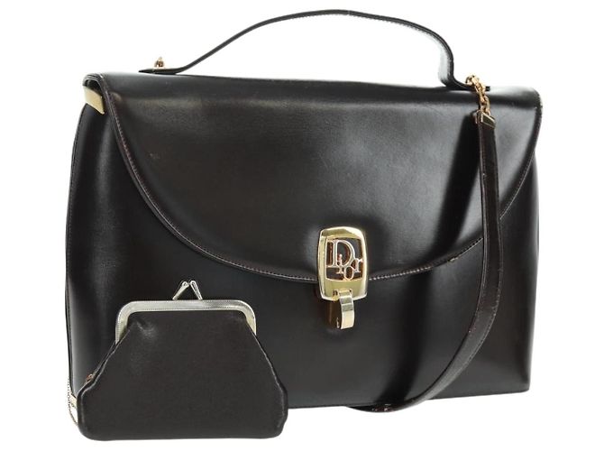 Bolsa de mão Christian Dior em couro de bezerro 2 em 1 preta e dourada Auth 160831 Preto Dourado
