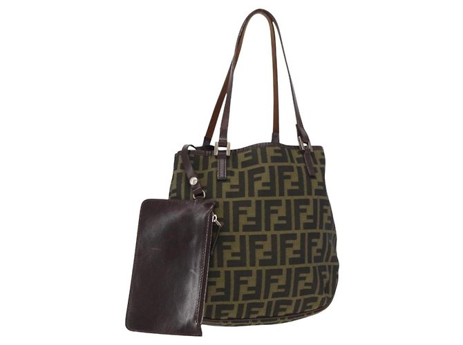 FENDI Zucca Canvas Handtasche braun schwarz Auth 161357