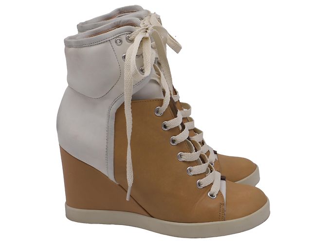 Sneakers alte con zeppa See by Chloé in pelle marrone e bianca Rosso