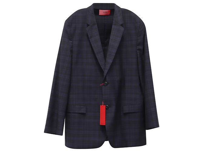 Hugo Boss Plaid Suit Jacket Blazer in Navy Blue Wool