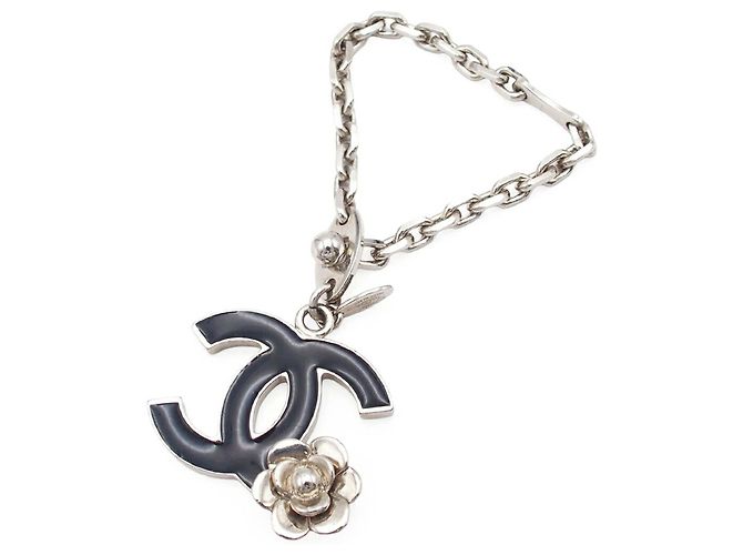 Chanel Silver Silver Plated CC Camellia Bag Charm Silvery