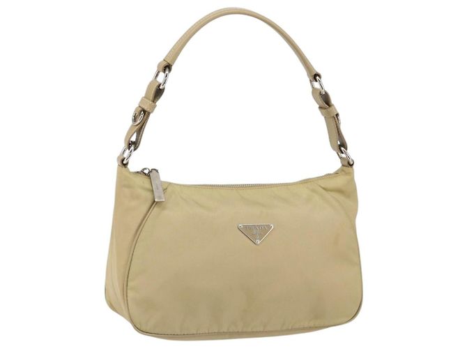 PRADA Schultertasche Nylon Beige Silber Authentisch hk3322