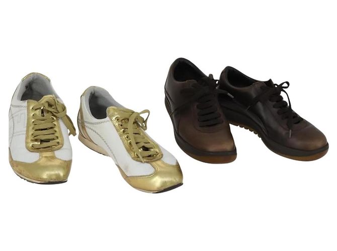 FENDI LOUIS VUITTON Sneakers aus Leder 2 Set Weiß Braun Auth ti3631