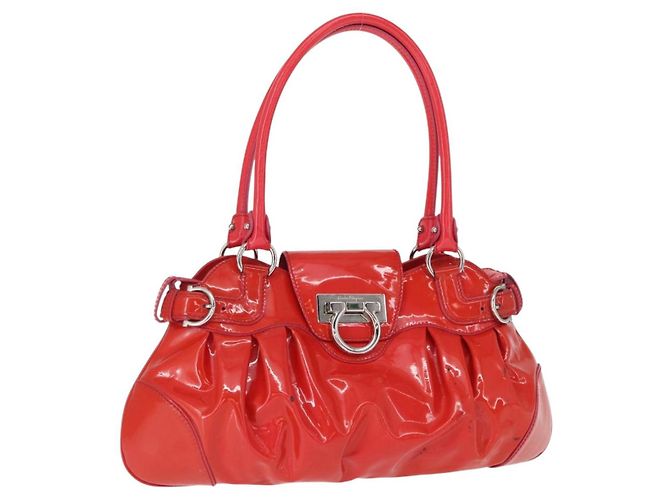 Gancini Handtasche Salvatore Ferragamo Emaille Rot Silber Auth 161440