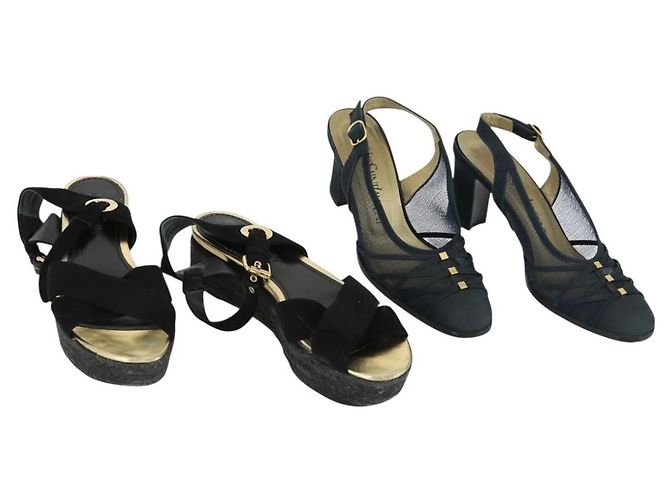 SAINT LAURENT LOUIS VUITTON Sandali con tacco in tela e suede 2 pezzi Nero Auth ti3632 D'oro