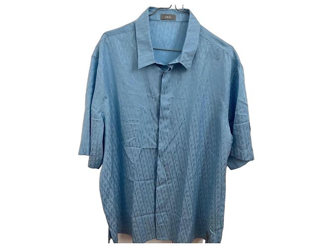 Camicia a maniche corte Oblique Dior azzurro seta e cotone Blu chiaro
